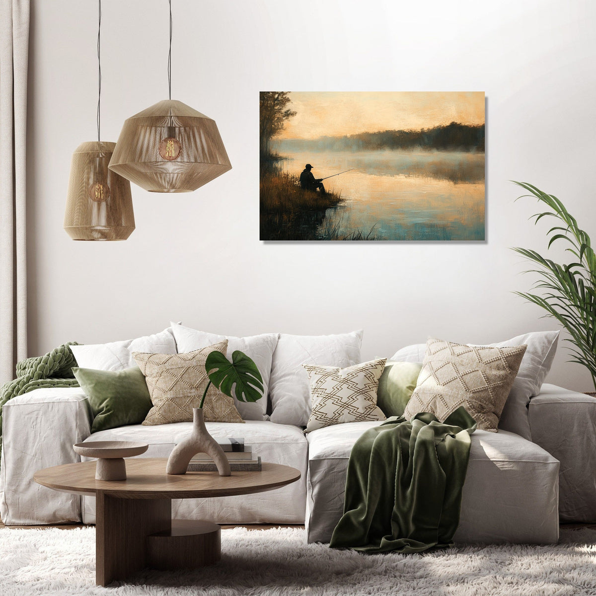 Tranquil wall art canvas depicting a fisherman by a serene lake at sunset in a modern living room
