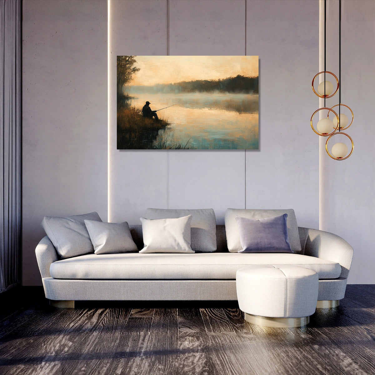 Tranquil Wall Art Canvas depicting a fisherman by a misty lake, perfect for modern home decor