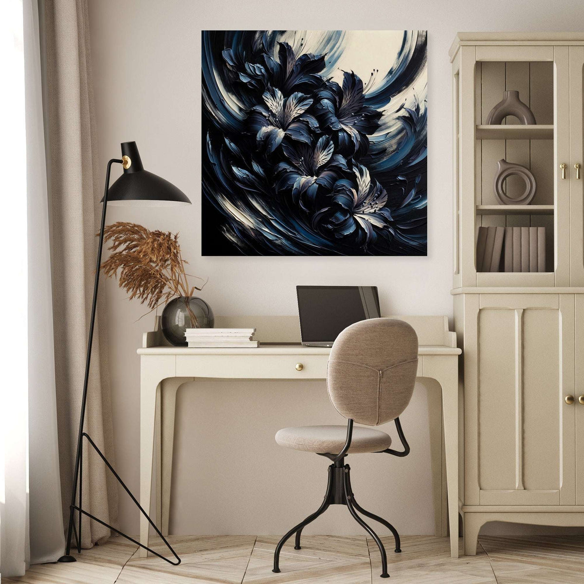 Abstract floral design Wall Art Canvas in a stylish home office setting