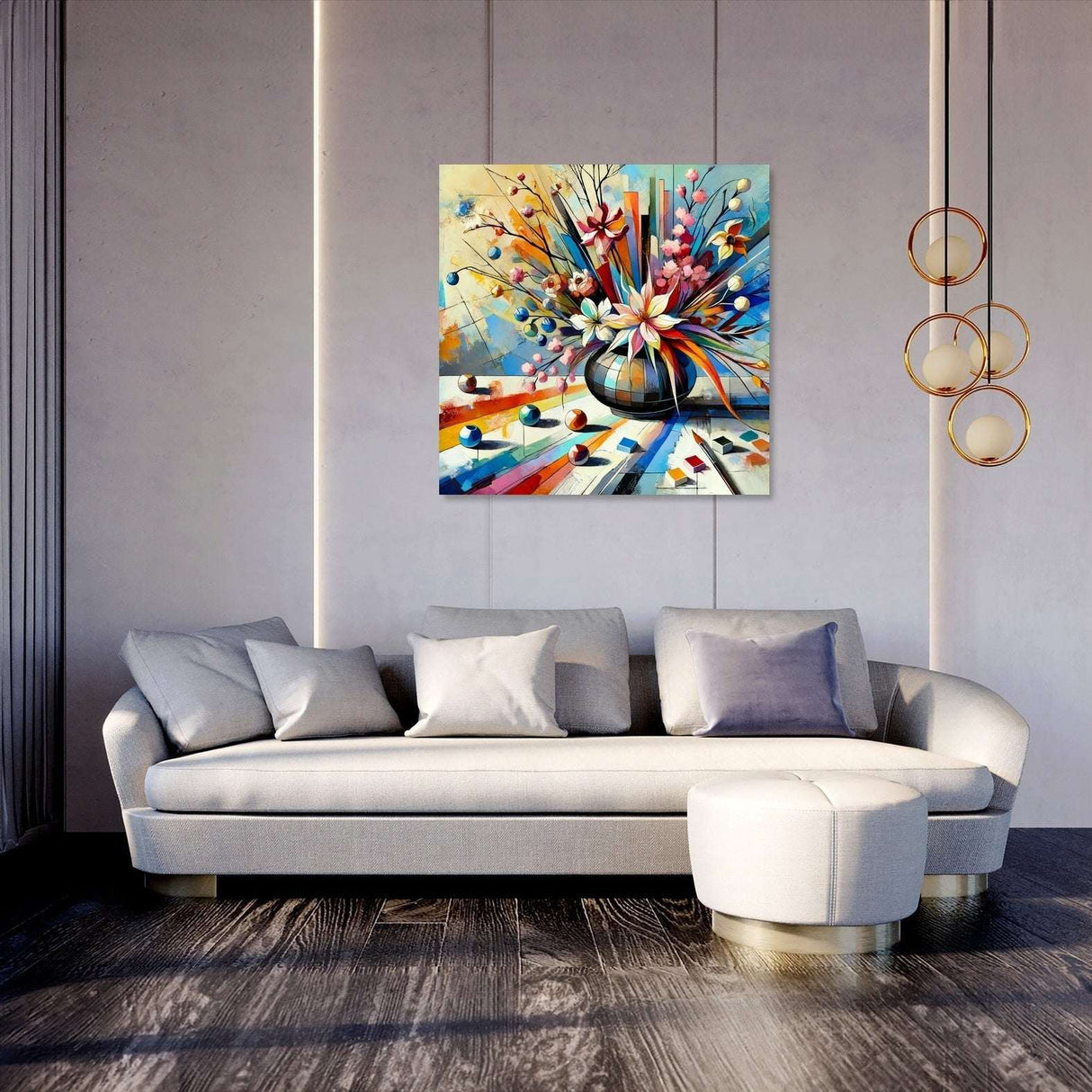 Bright and colourful wall art canvas featuring a floral vase on a modern living room wall
