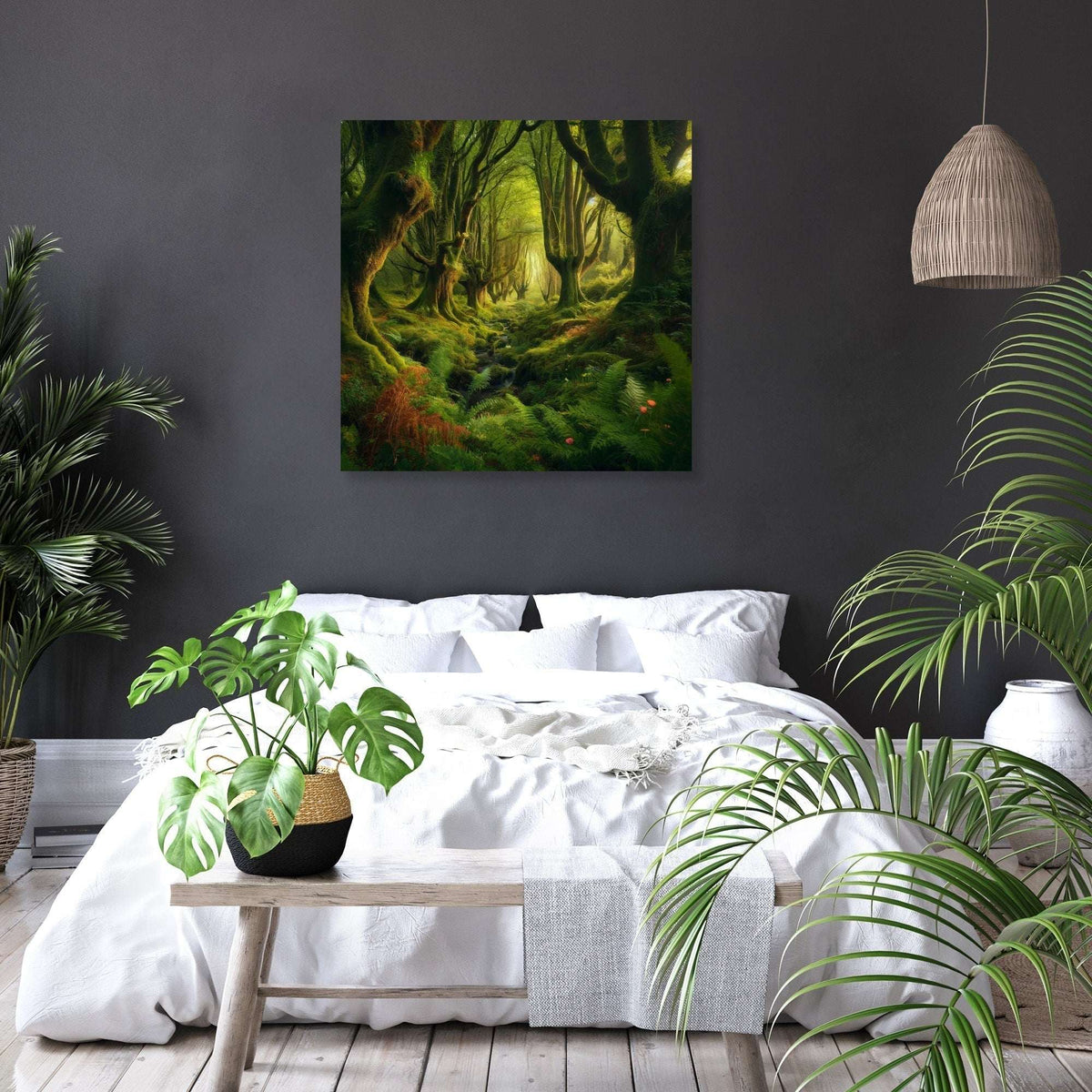 Lush green forest wall art canvas brightening a modern bedroom with plants and neutral decor