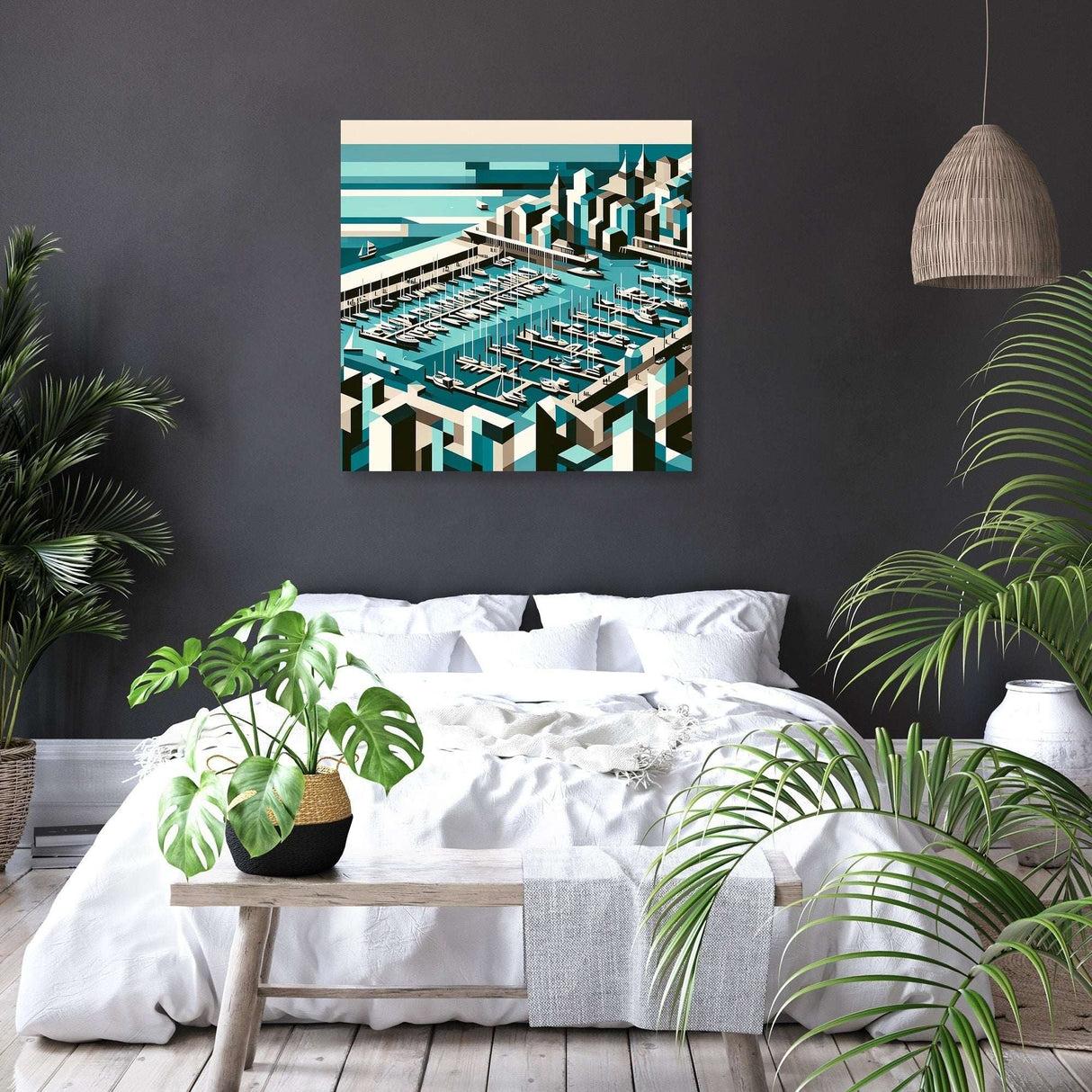 Stylish Wall Art Canvas depicting a modern marina landscape for contemporary home decor