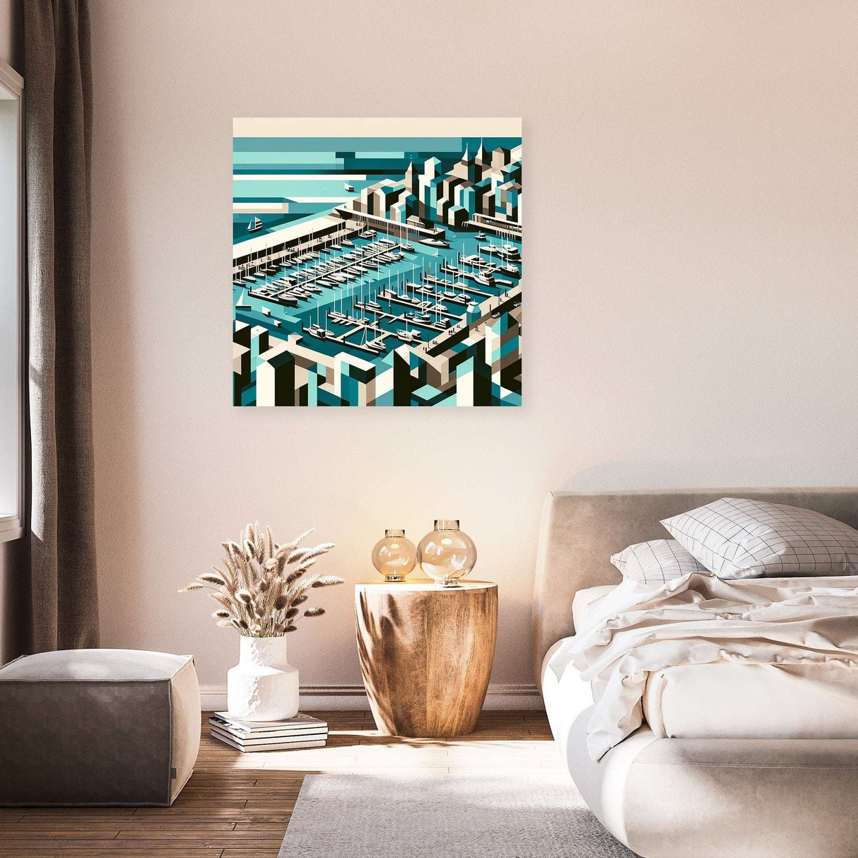 Modern Wall Art Canvas featuring a geometric cityscape with a marina in blue and beige tones