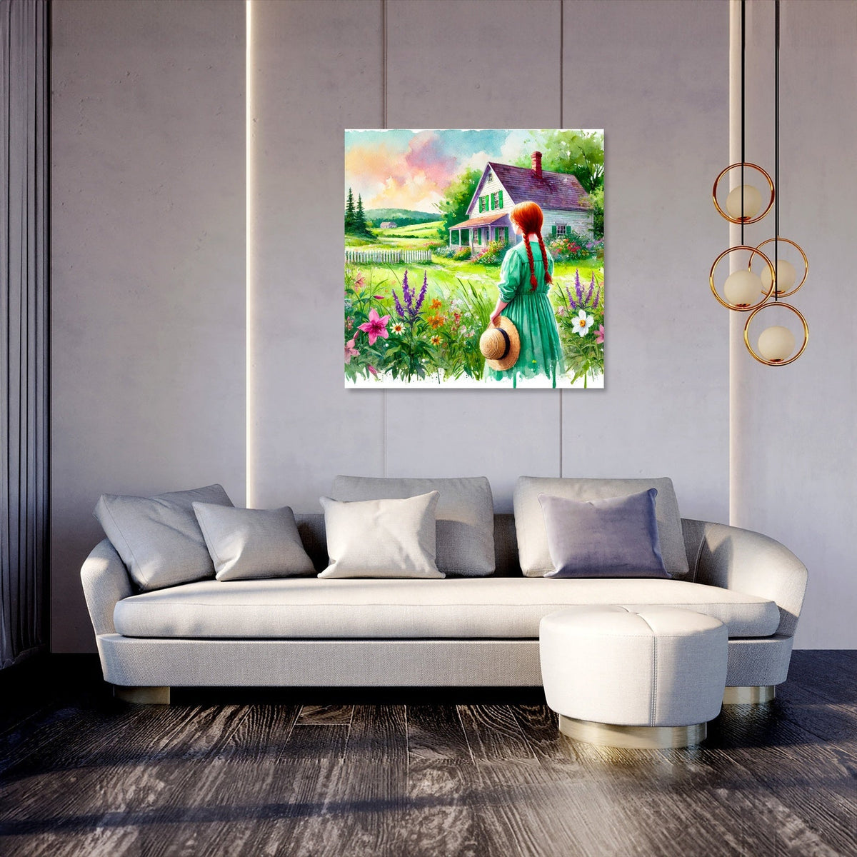 Beautiful wall art canvas depicting a serene landscape with a girl in a green dress by a house