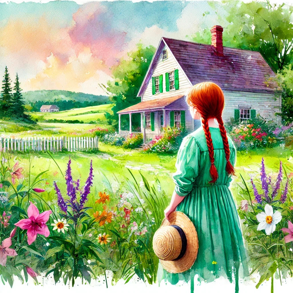 Beautiful Wall Art Canvas featuring a girl in a green dress near a floral garden and a country house