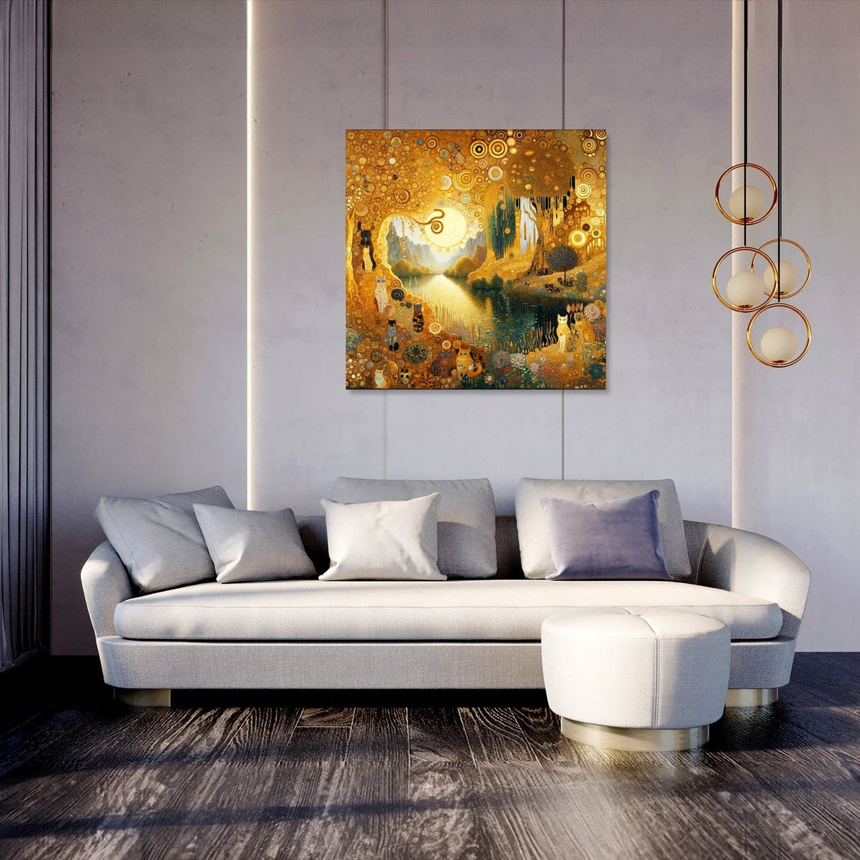 Elegant wall art canvas featuring a golden abstract design above a modern sofa in a stylish living room