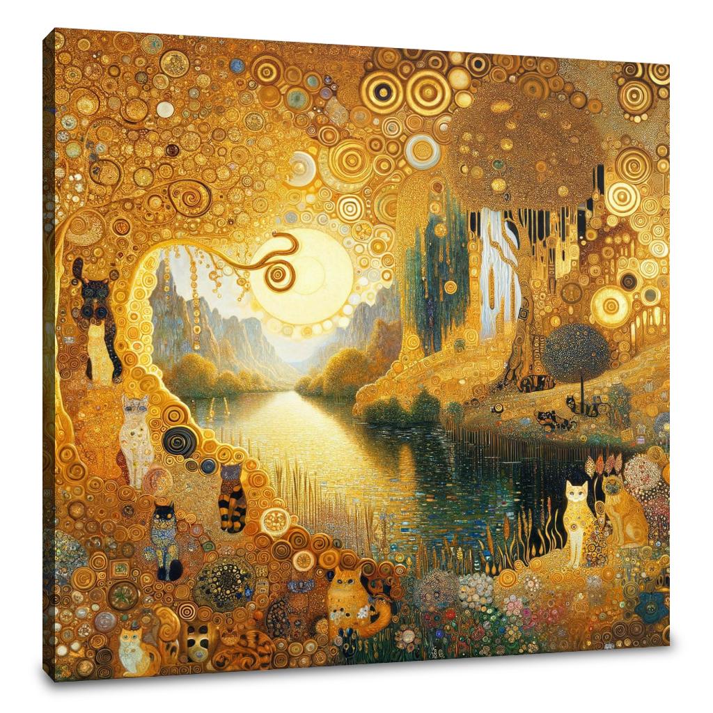 Beautiful wall art canvas featuring a golden landscape with cats and a serene river scene