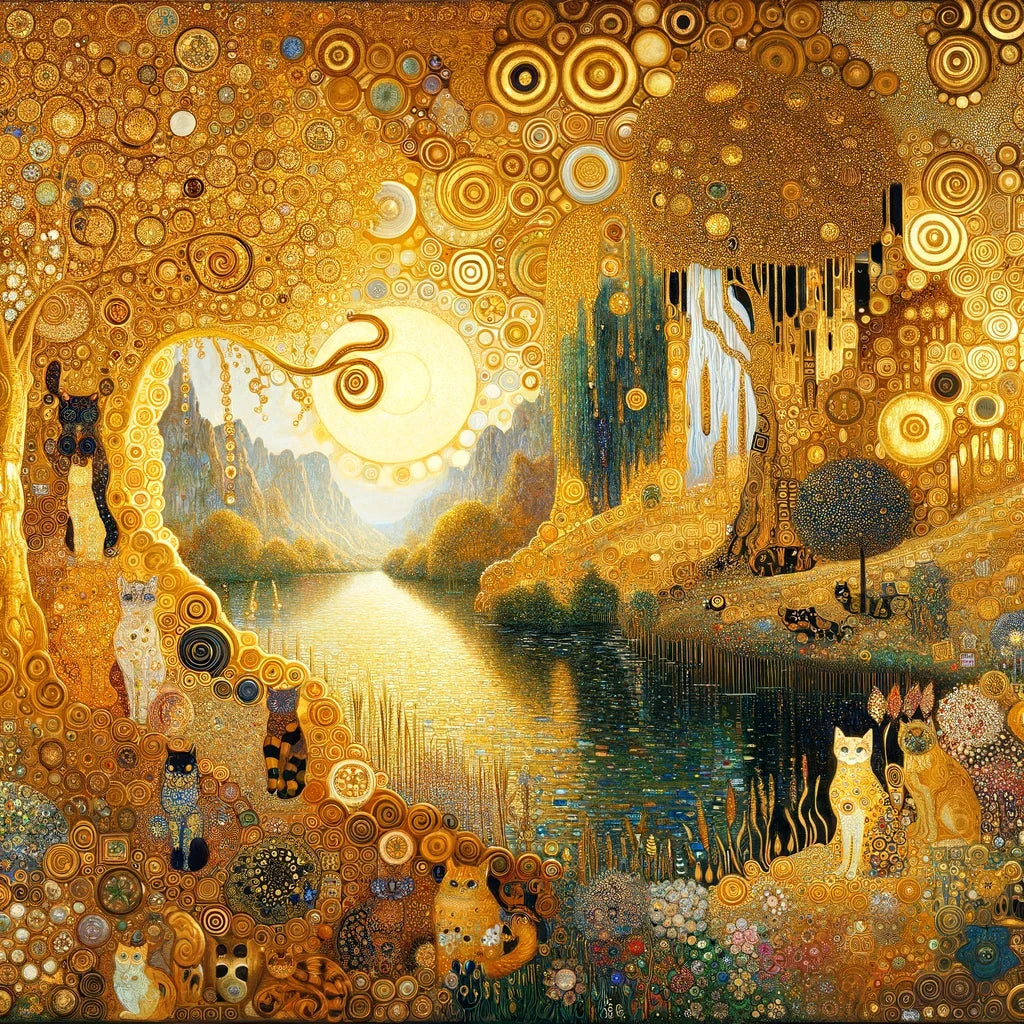 Beautiful wall art canvas featuring vibrant golden trees and playful cats in a serene landscape