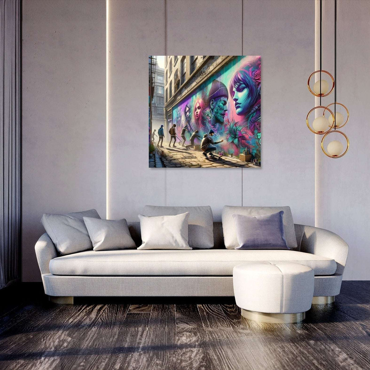 Vibrant Wall Art Canvas featuring street art in an urban setting above a modern sofa
