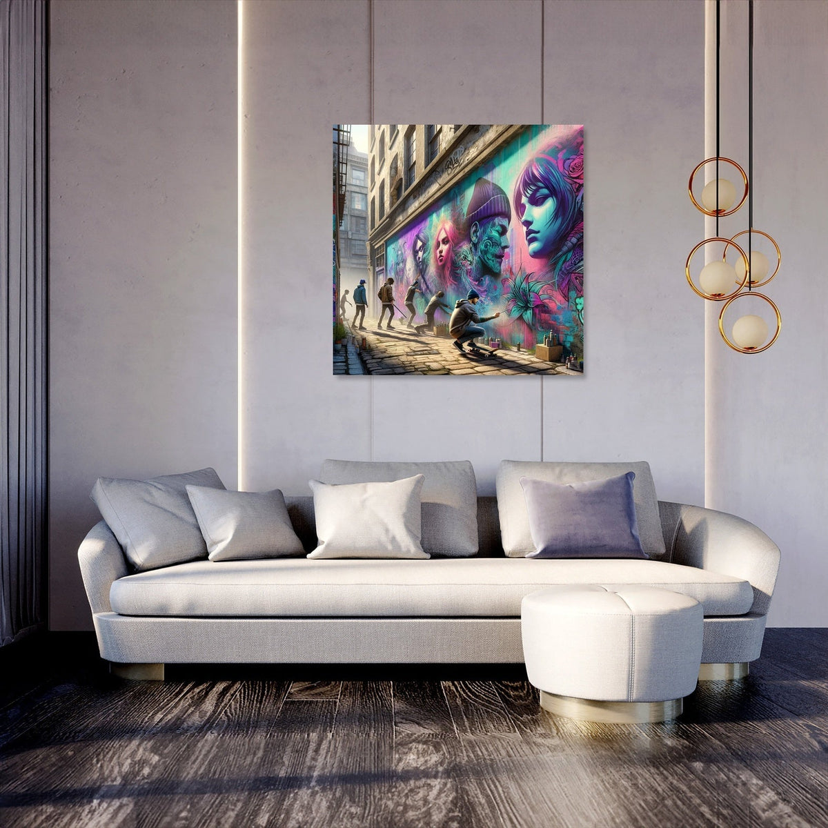 Vibrant Wall Art Canvas featuring street art in an urban setting above a modern sofa