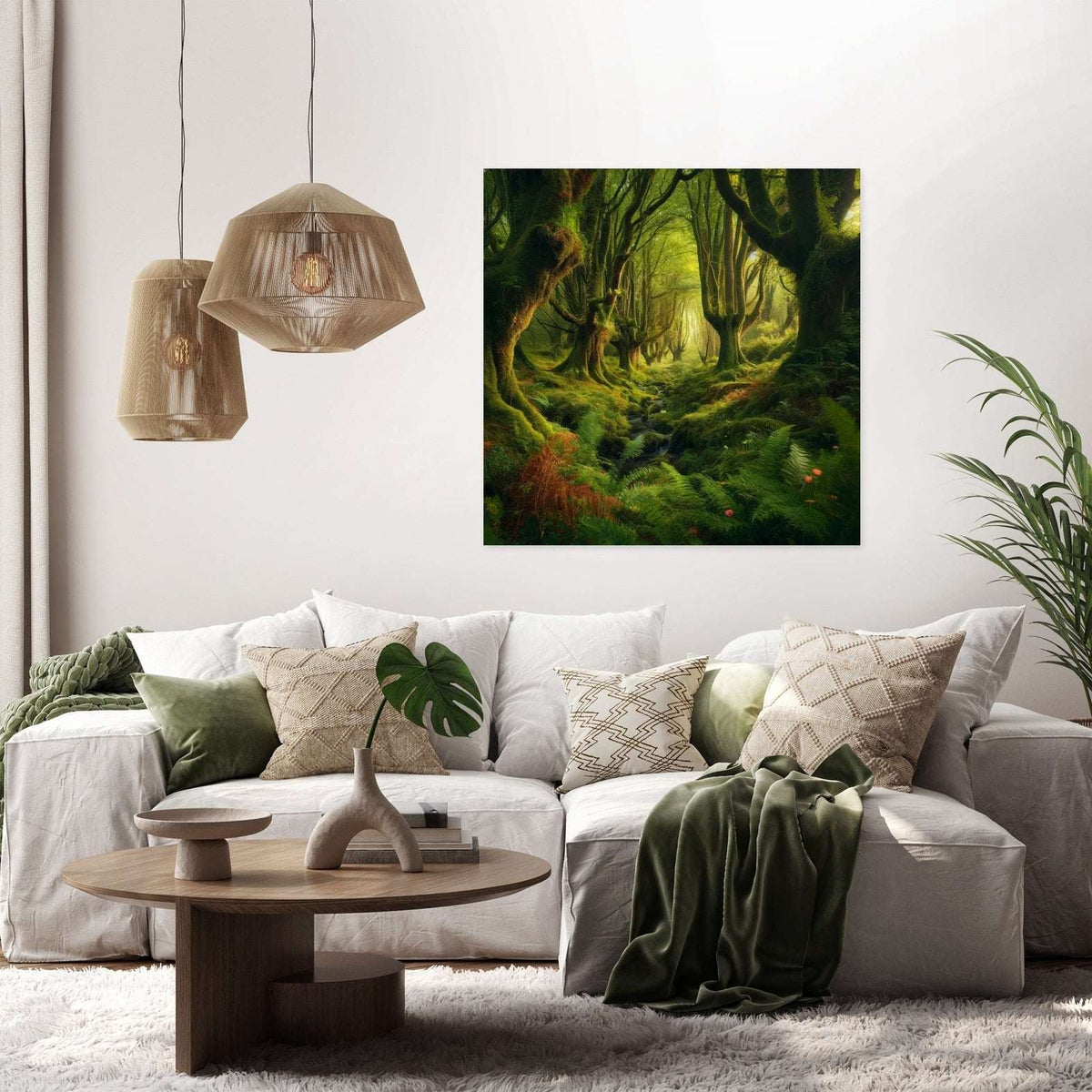 Lush green forest scenery Wall Art Canvas decorating a stylish living room with contemporary furnishings