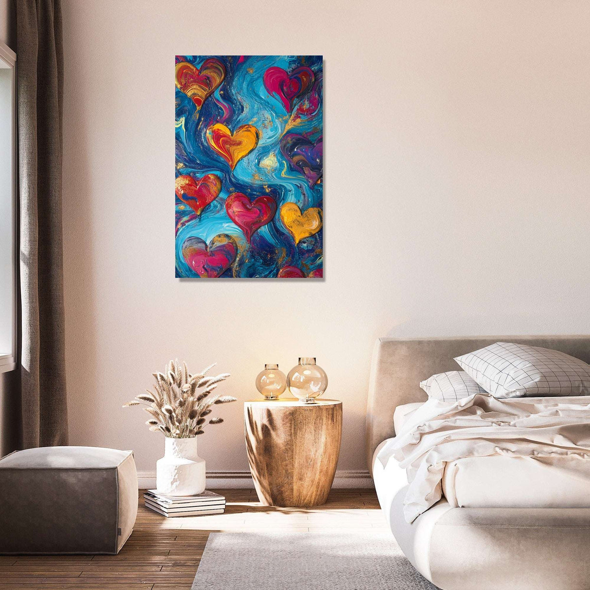 Vibrant abstract wall art canvas featuring colourful hearts in a stylish living room setting