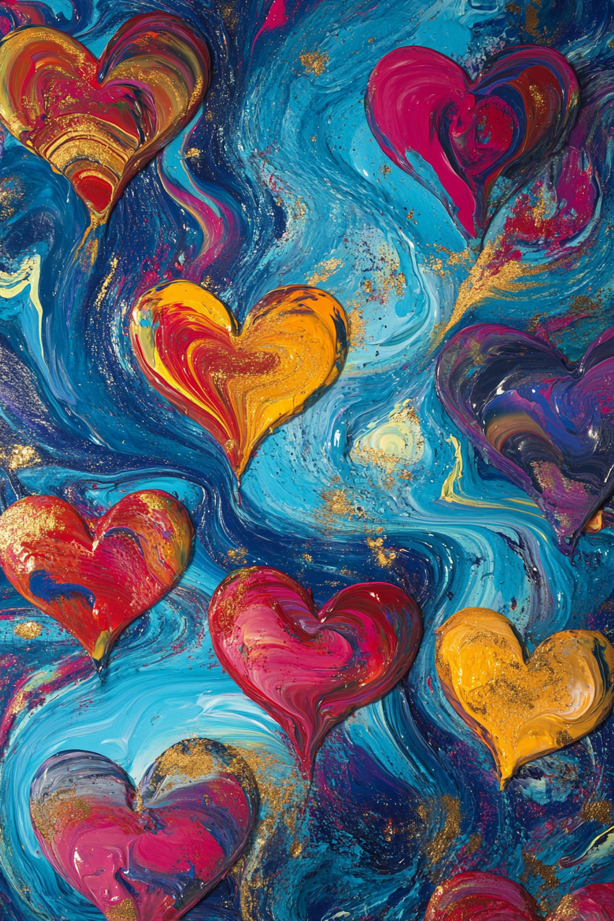 Colourful abstract wall art canvas featuring swirling hearts in vibrant shades of red, orange, and yellow