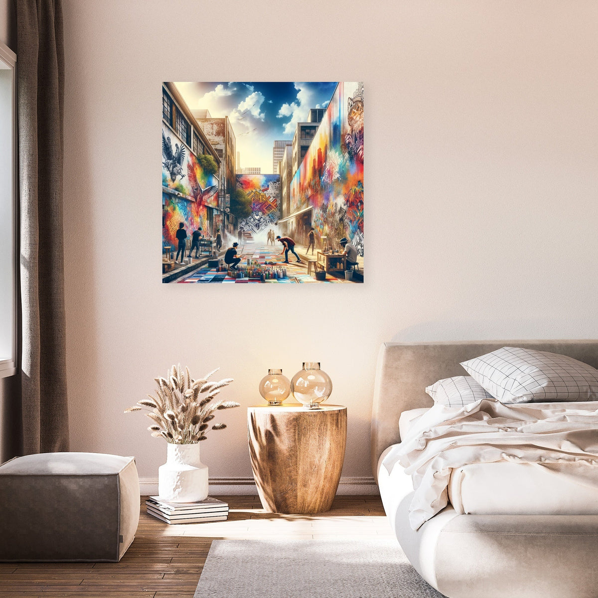Vibrant Wall Art Canvas depicting artists in a lively urban setting with colourful murals