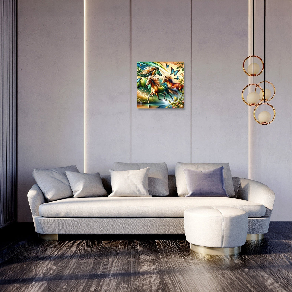 Vibrant Wall Art Canvas depicting a serene landscape hanging above a modern sofa in a stylish room