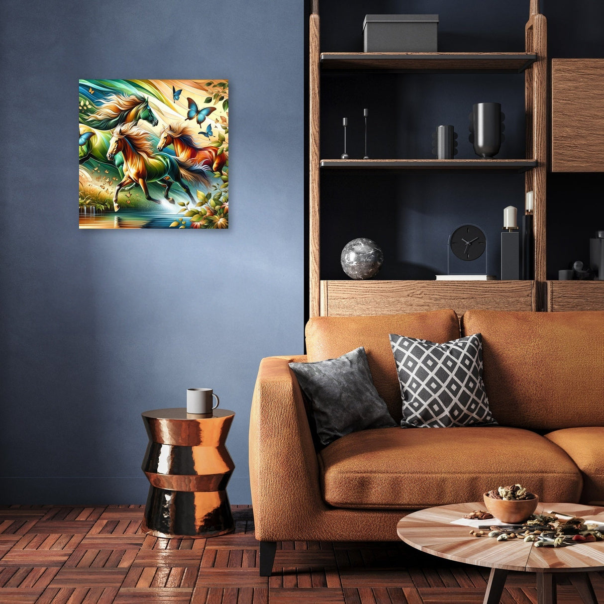 Vibrant Wall Art Canvas featuring a horse with butterflies in a stylish living room setting