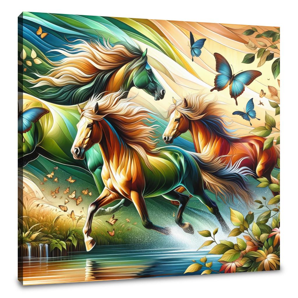Vibrant wall art canvas depicting galloping horses and butterflies in a lush landscape