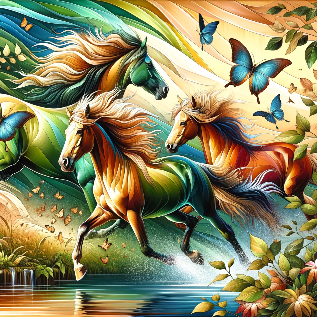 Vibrant wall art canvas featuring galloping horses in a scenic landscape with butterflies