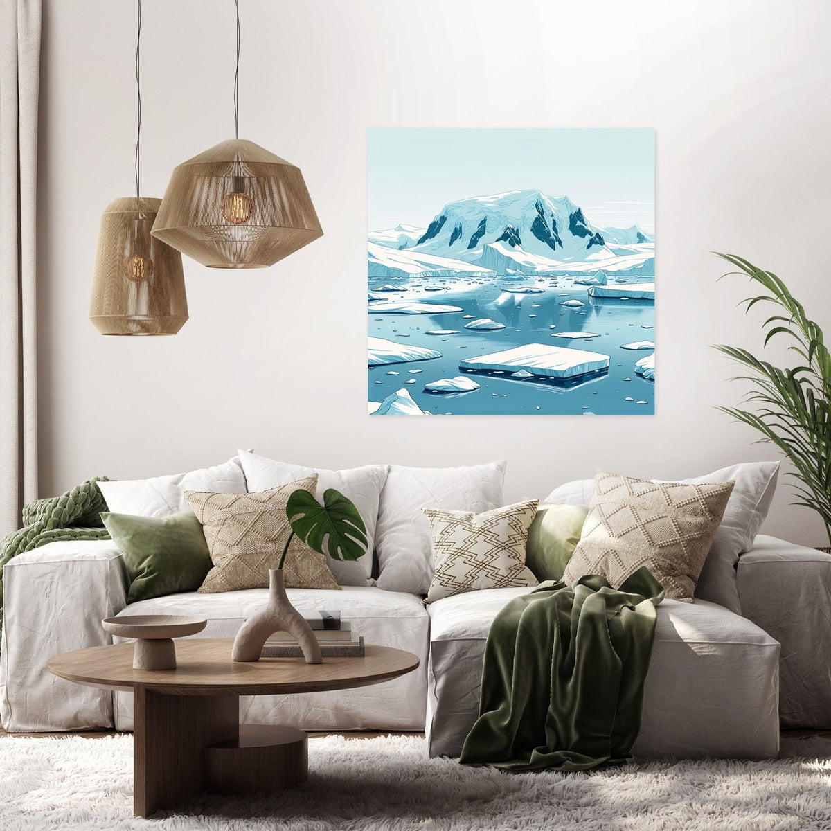 Beautiful Wall Art Canvas featuring a serene icy landscape with mountains and floating icebergs