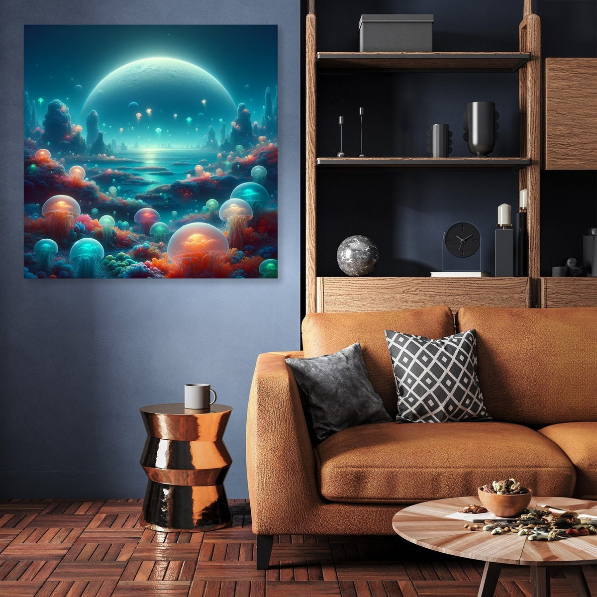 Vibrant Wall Art Canvas featuring a cosmic landscape with glowing orbs, perfect for modern interiors