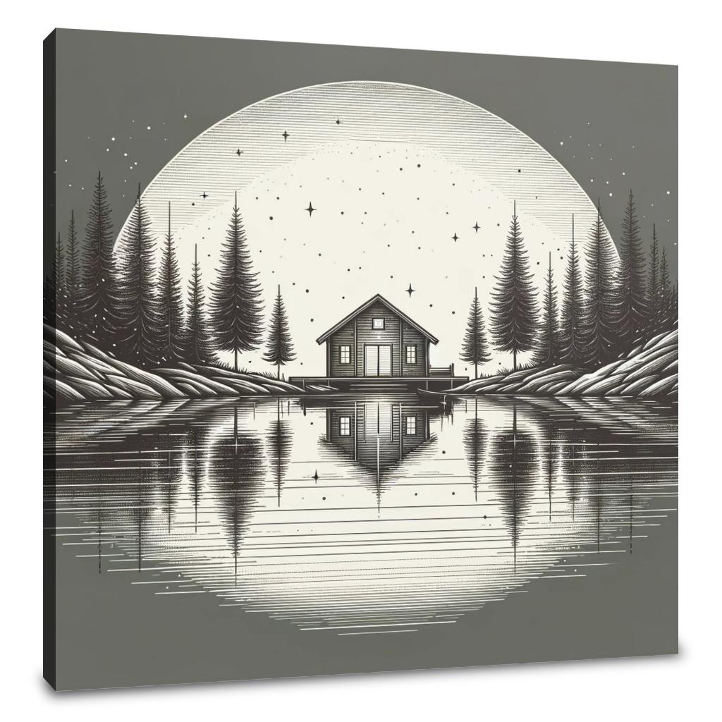 Serene Wall Art Canvas featuring a cabin by a lake under a full moon with pine trees