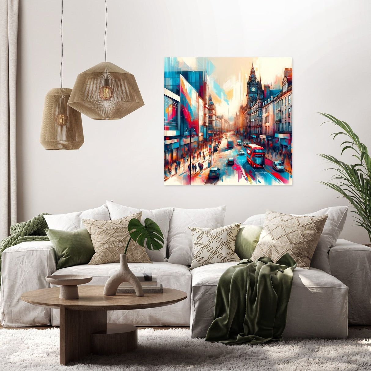Beautiful urban scene Wall Art Canvas showcasing a busy street with vibrant colours and modern architecture
