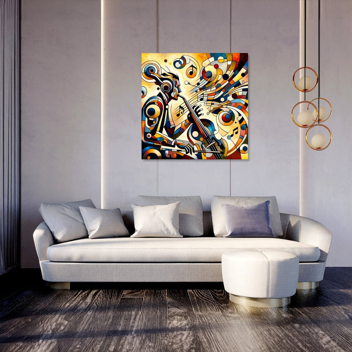 Vibrant abstract Wall Art Canvas depicting musical instruments in a stylish living room setting