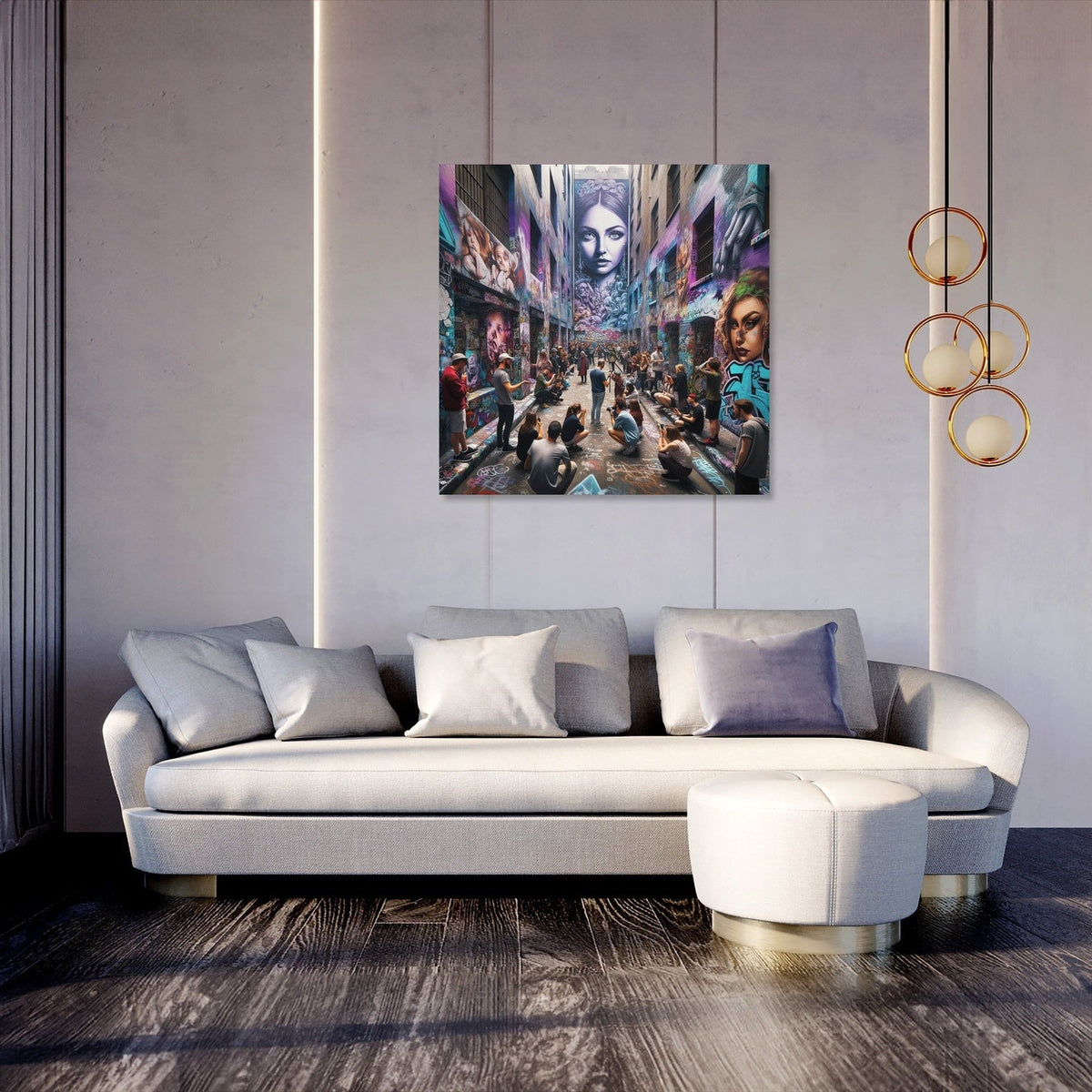 Contemporary Wall Art Canvas featuring a vibrant urban scene above a modern sofa