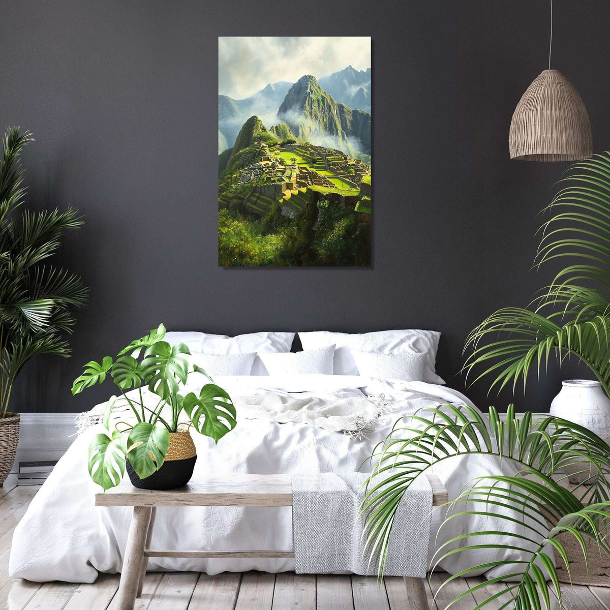 Beautiful Wall Art Canvas depicting a stunning view of Machu Picchu in a modern bedroom setting