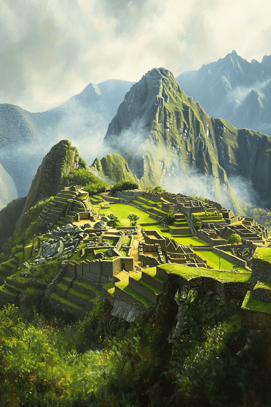 Stunning Wall Art Canvas featuring a scenic view of Machu Picchu with lush mountains and misty surroundings.