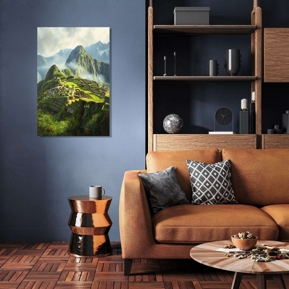Beautiful Wall Art Canvas featuring Machu Picchu landscape design in stylish living room setting