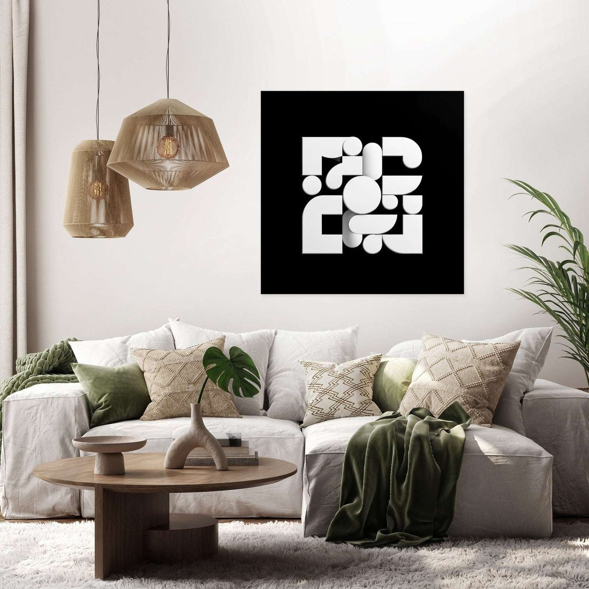 Modern abstract Wall Art Canvas on white wall above stylish sofa with greenery and decor