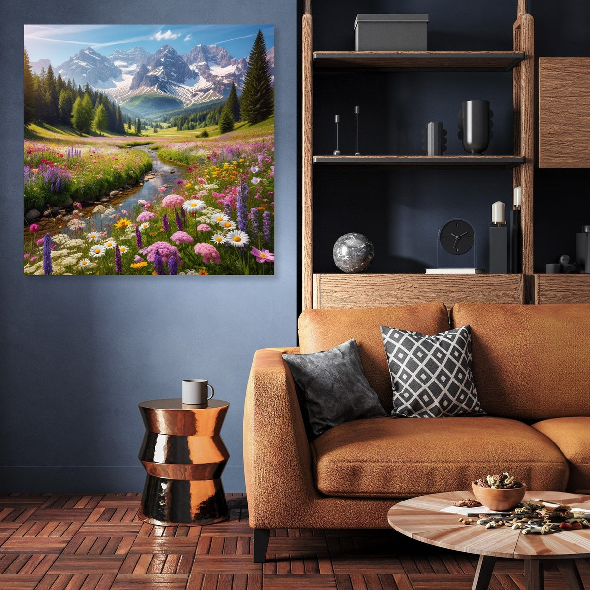 Beautiful Wall Art Canvas featuring a scenic mountain landscape with vibrant flowers and a serene river
