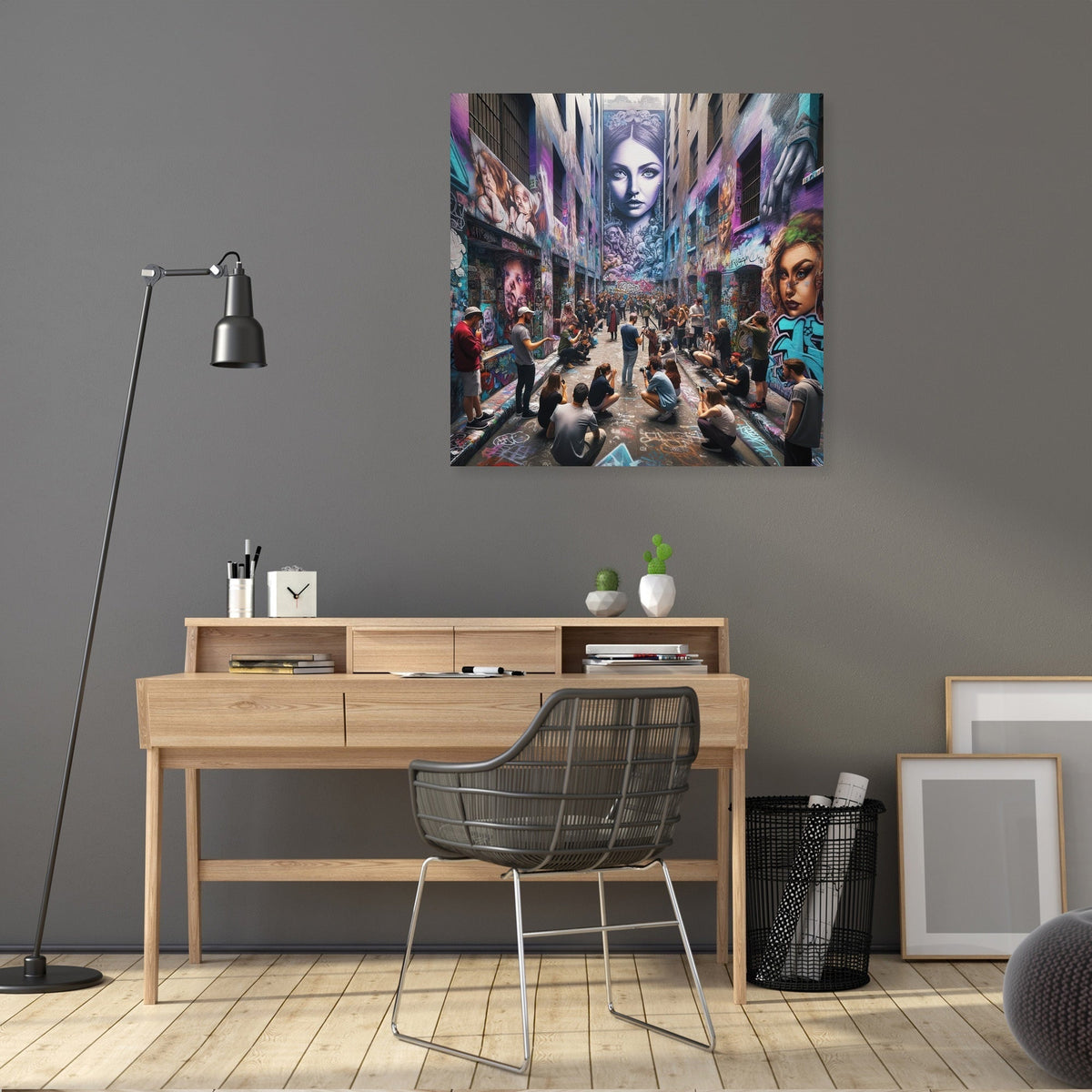 Colourful Wall Art Canvas depicting a vibrant street scene with urban art and people