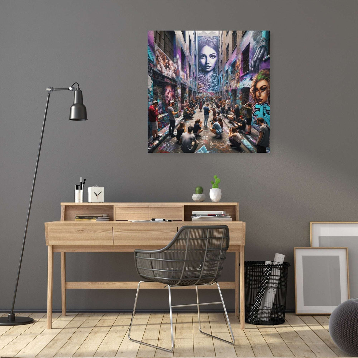 Colourful Wall Art Canvas depicting a vibrant street scene with urban art and people