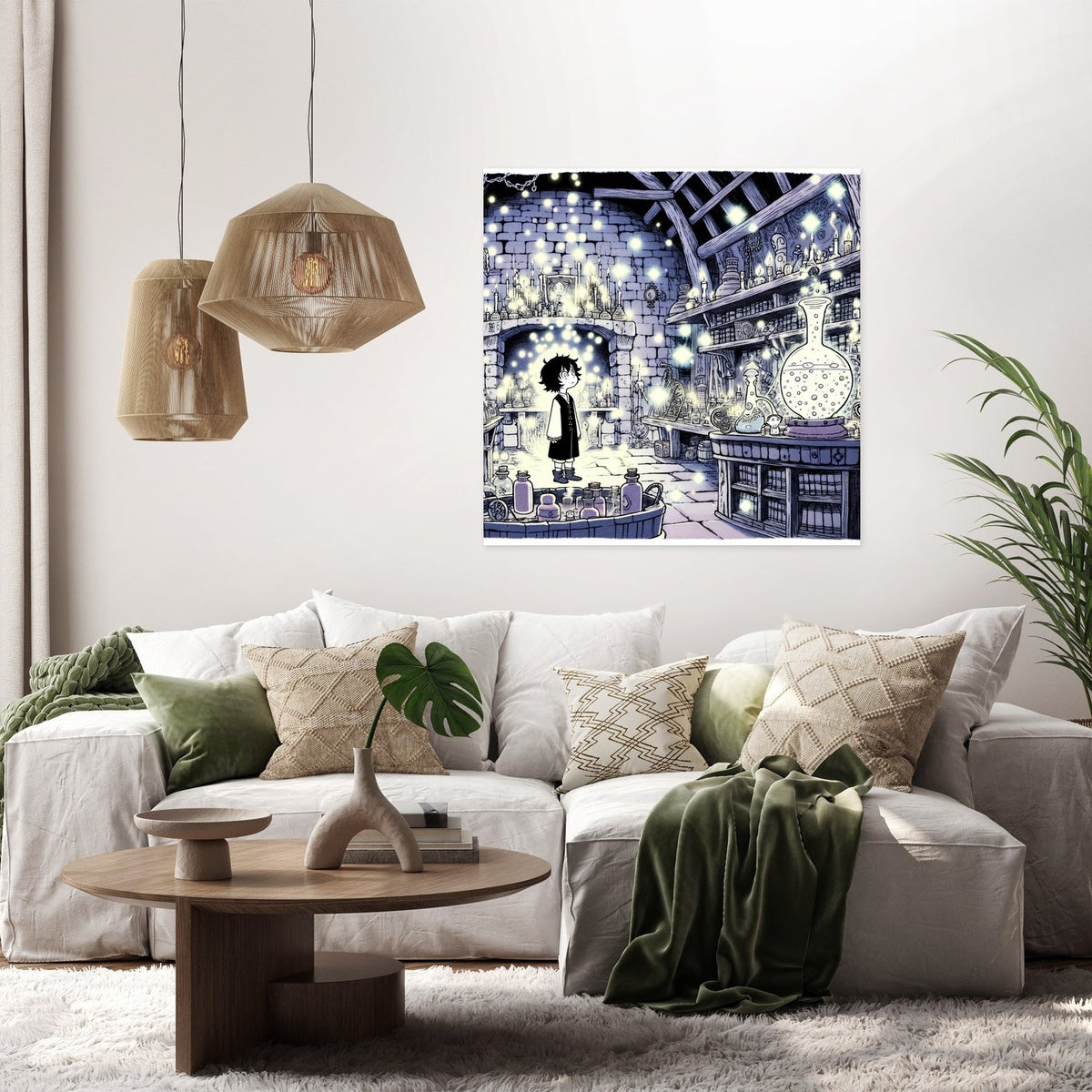 Beautiful wall art canvas depicting a whimsical scene in a well-decorated living room