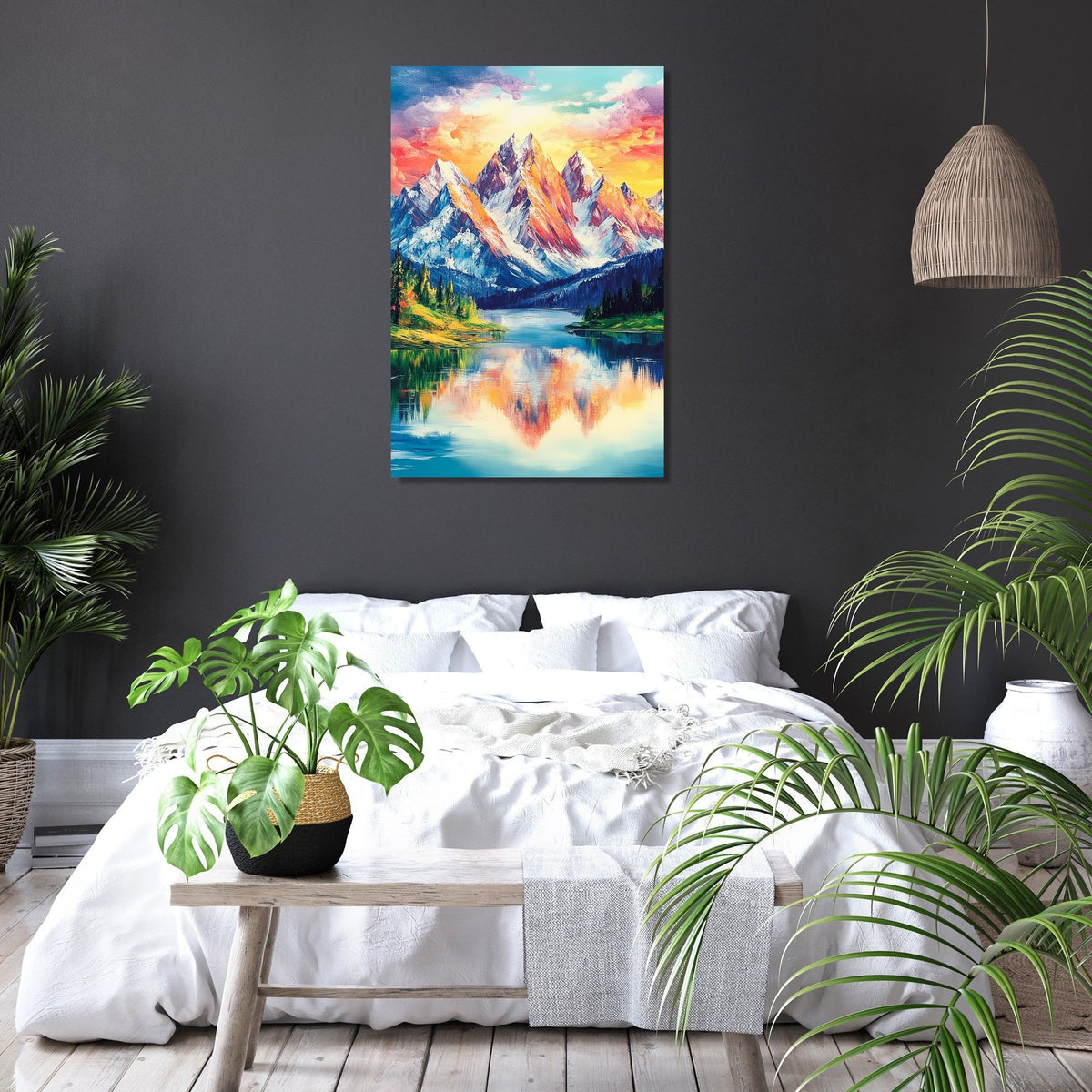 Beautiful mountain landscape wall art canvas reflecting vibrant colours in tranquil lake setting