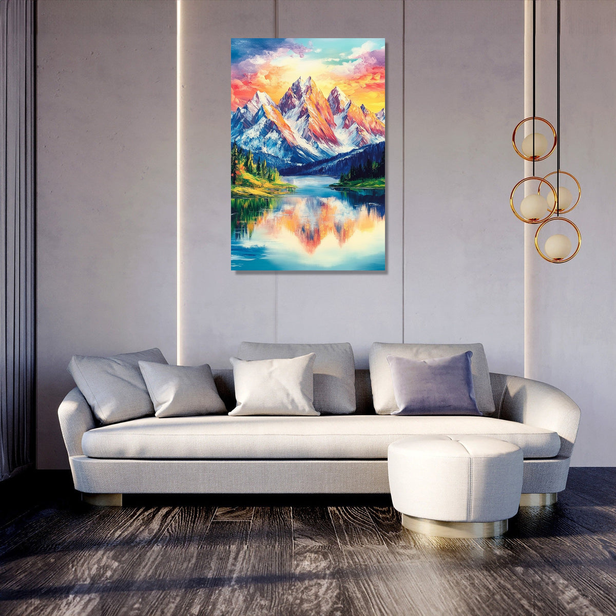 Vibrant Wall Art Canvas featuring a Mountain Landscape with Reflections in Water