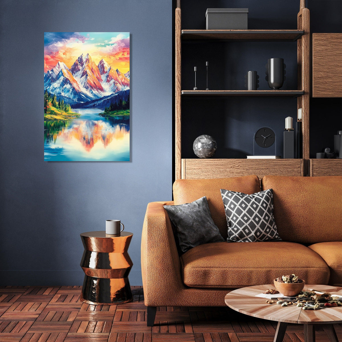Vibrant Wall Art Canvas featuring a serene mountain landscape with a reflective lake