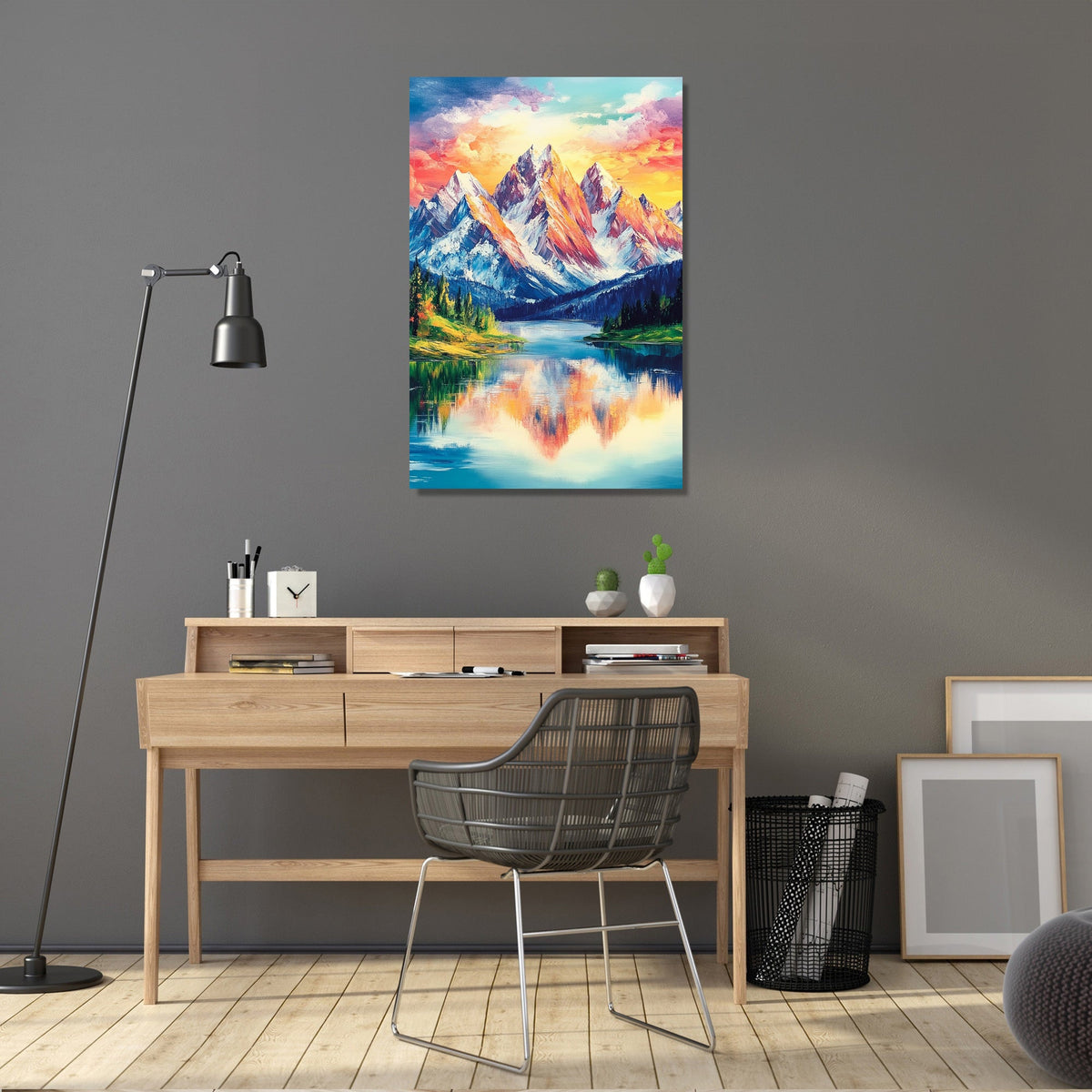 Vibrant Wall Art Canvas featuring a mountain landscape with reflections in a serene lake