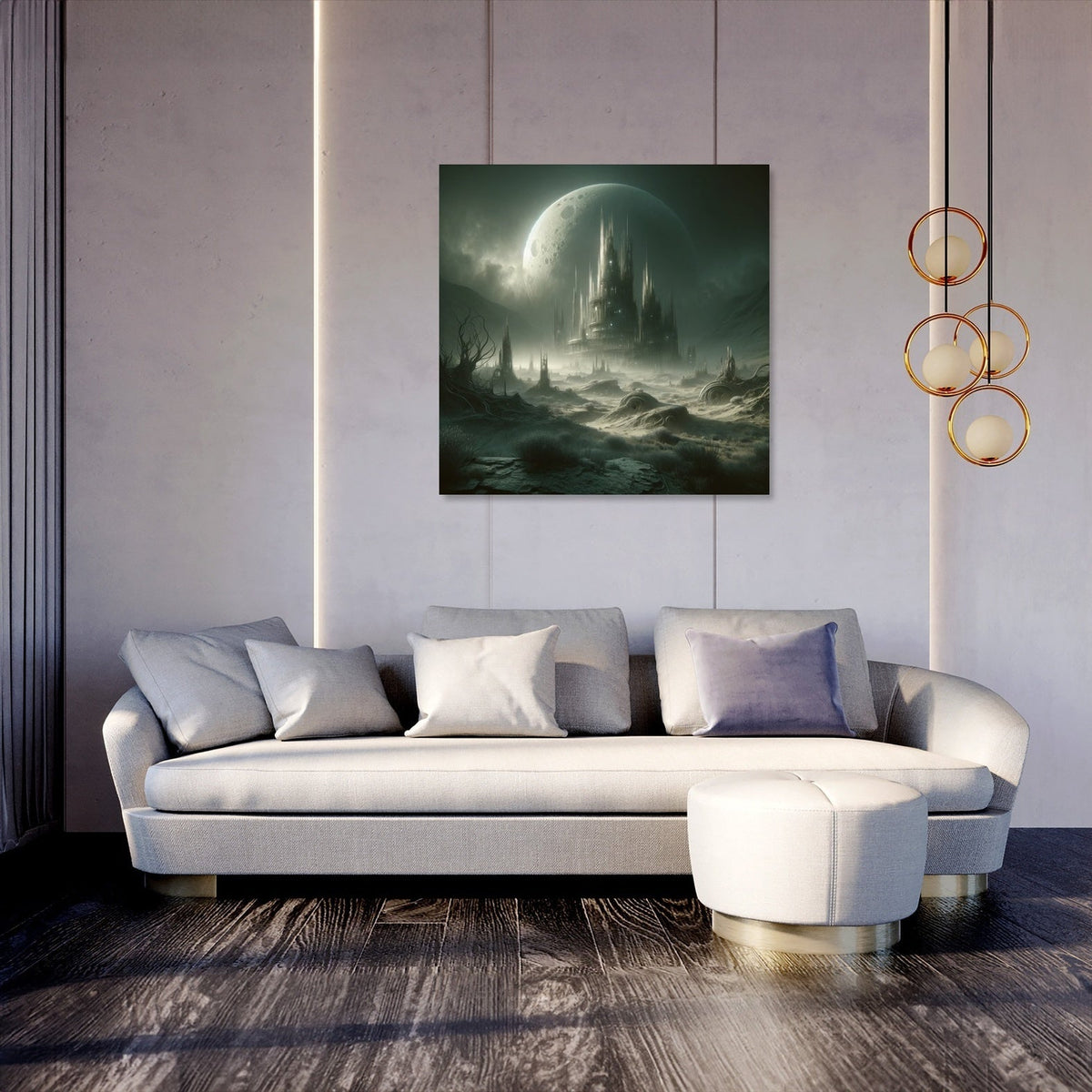 Stunning Wall Art Canvas depicting a mystical landscape with a castle and moon, perfect for home decor