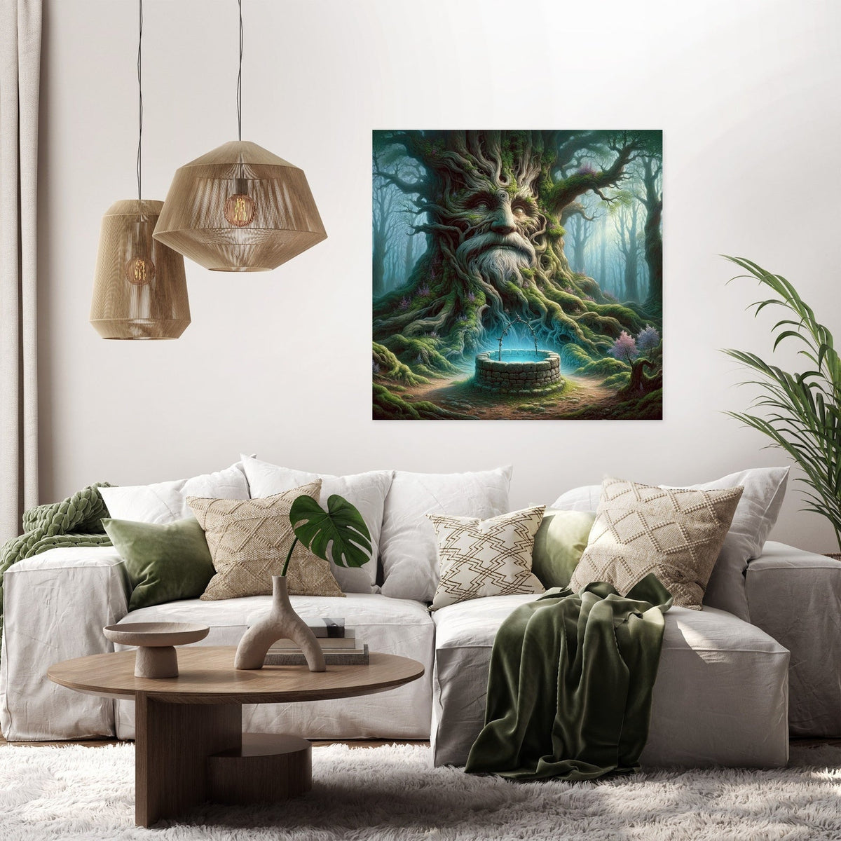 Fantasy Wall Art Canvas featuring a whimsical tree with a face beside a mystical well in a forest setting