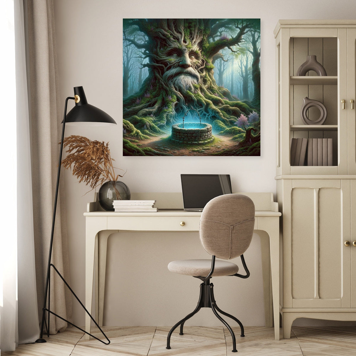 Enchanting wall art canvas featuring a mystical tree face and a serene forest setting