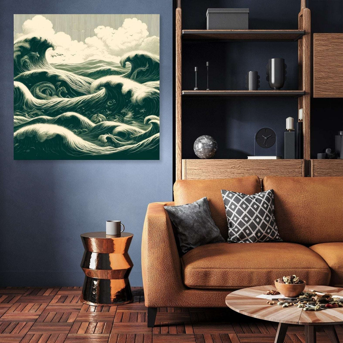 Beautiful Wall Art Canvas depicting dynamic ocean waves in a modern living room setting