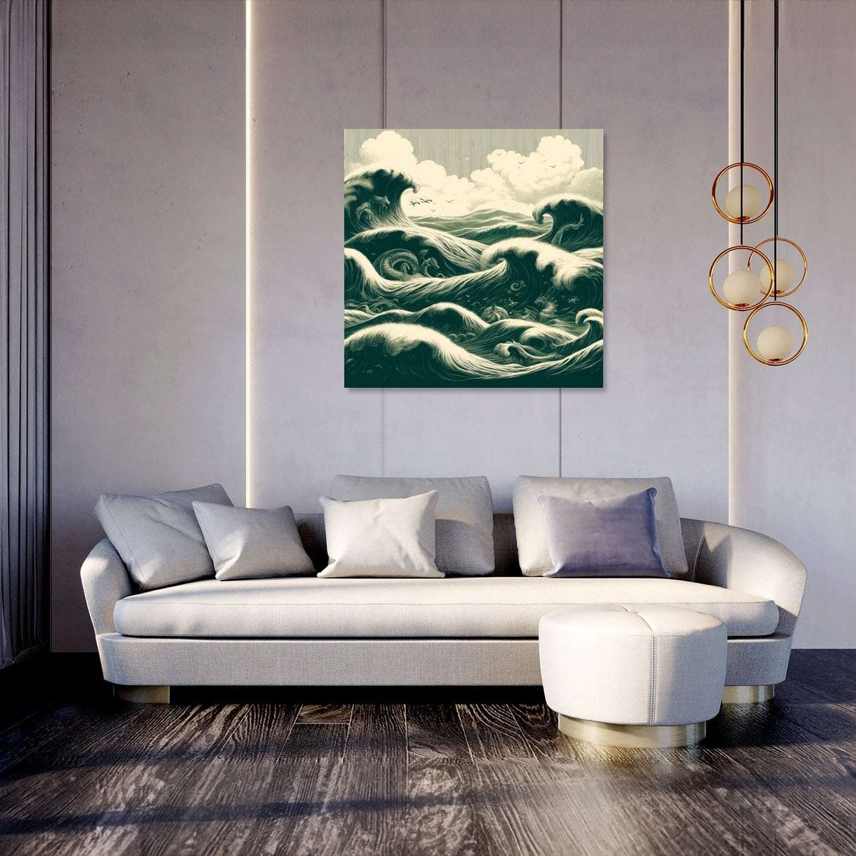 Stylish wall art canvas featuring dynamic wave patterns above a modern sofa in a chic living room