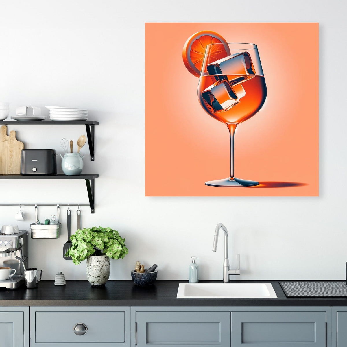 Colourful Wall Art Canvas featuring a cocktail in a glass with ice cubes and an orange slice