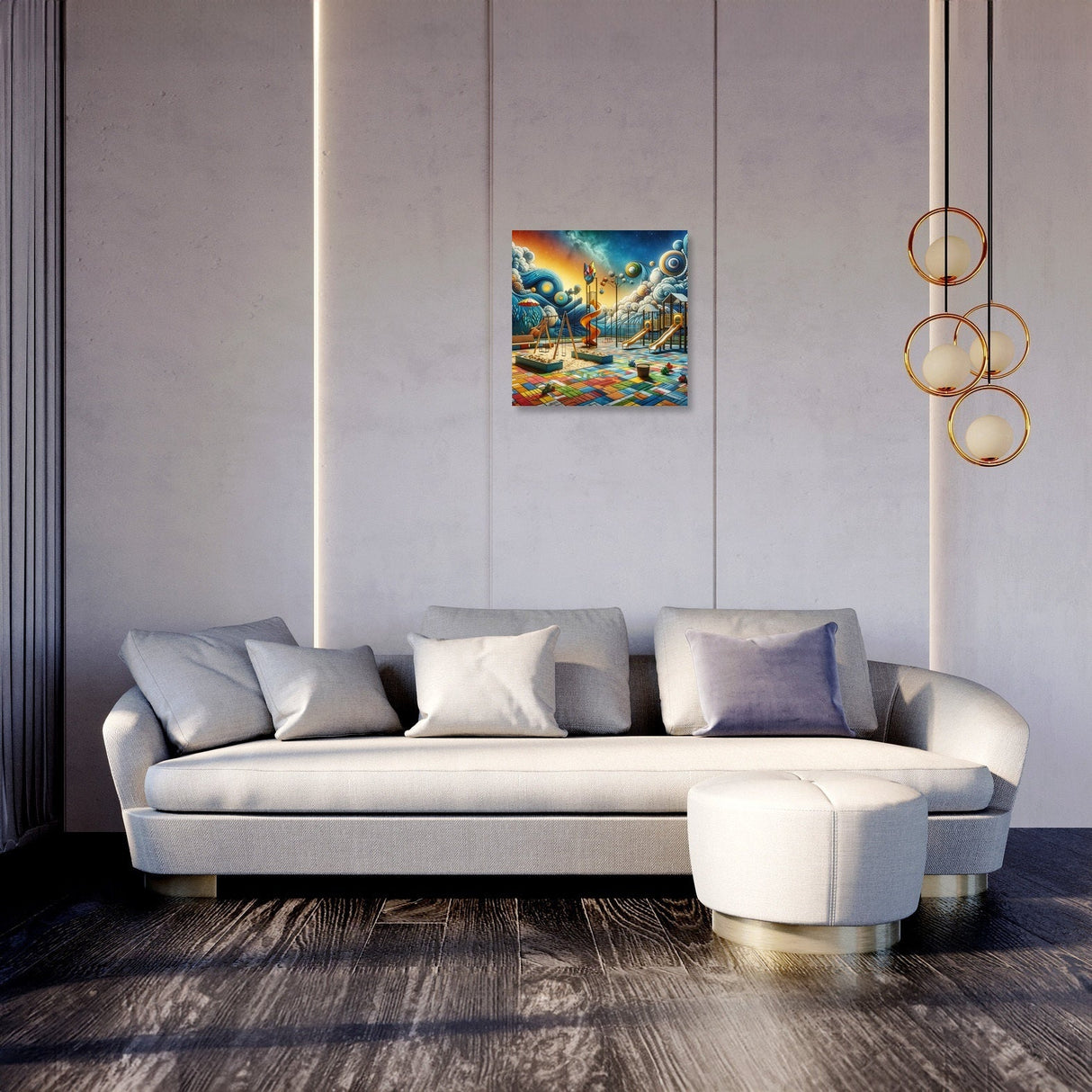 Contemporary living room with vibrant wall art canvas featuring a dynamic abstract design