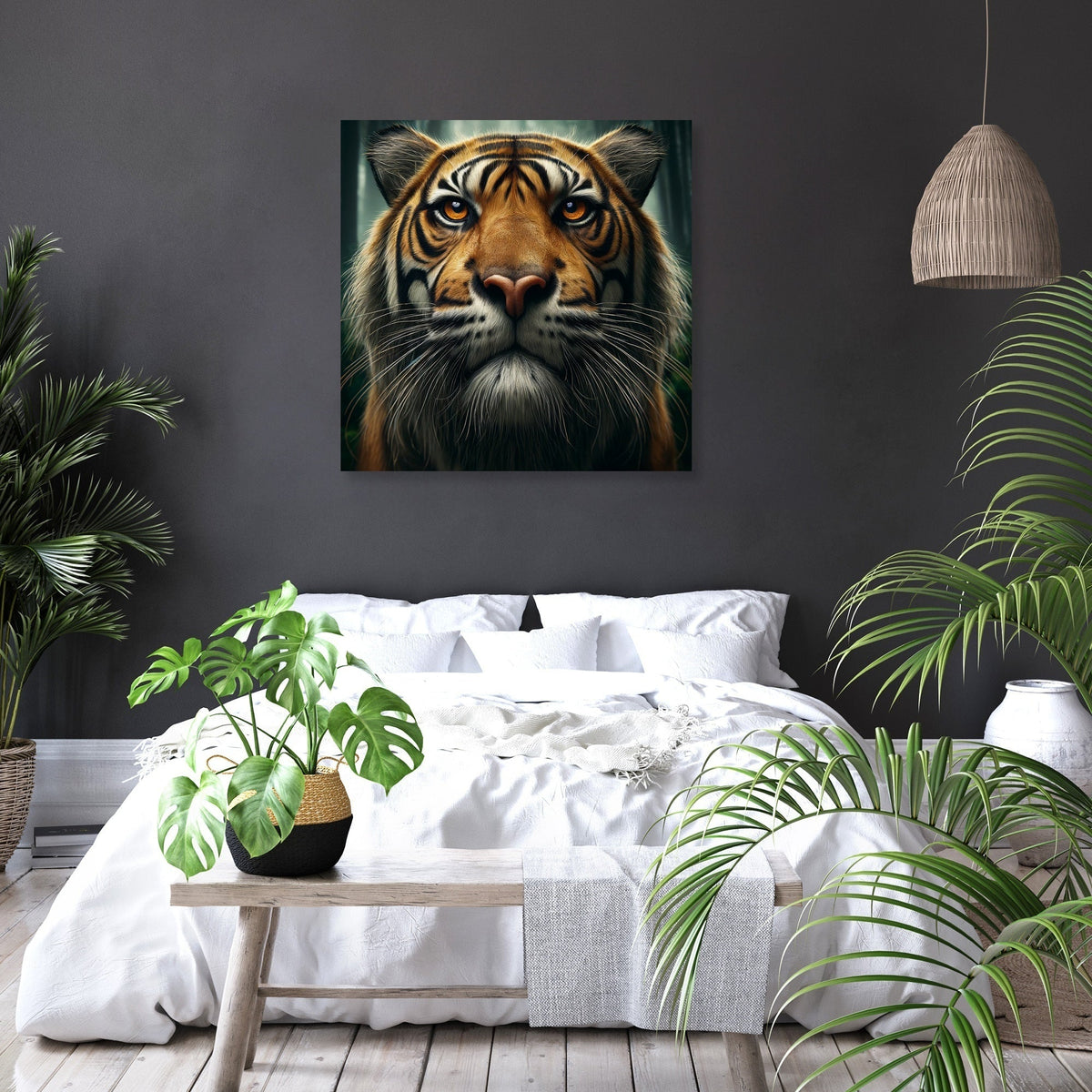 Vibrant Wall Art Canvas featuring a fierce tiger portrait against a dark background