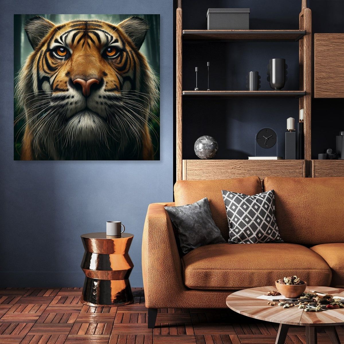 Stunning Wall Art Canvas featuring a close-up of a majestic tiger in a modern living room setting