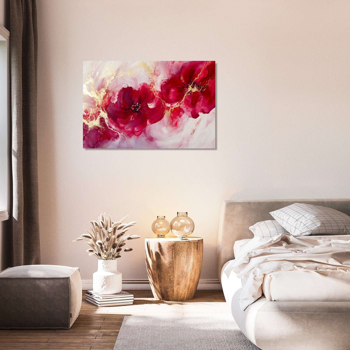 Vibrant pink floral wall art canvas decorating a modern living room with natural light